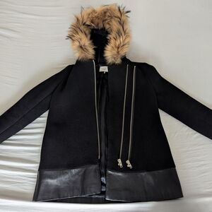 Sandro Black Wool And Lamb Leather Trim Jacket With Real Raccoon Fur Hood